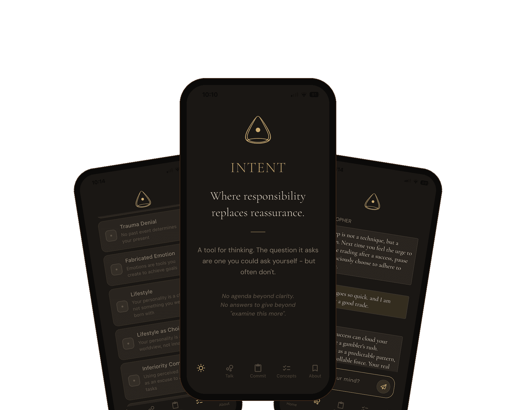 INTENT app — three screens showing Socratic dialogue, concept tracking, and commitments